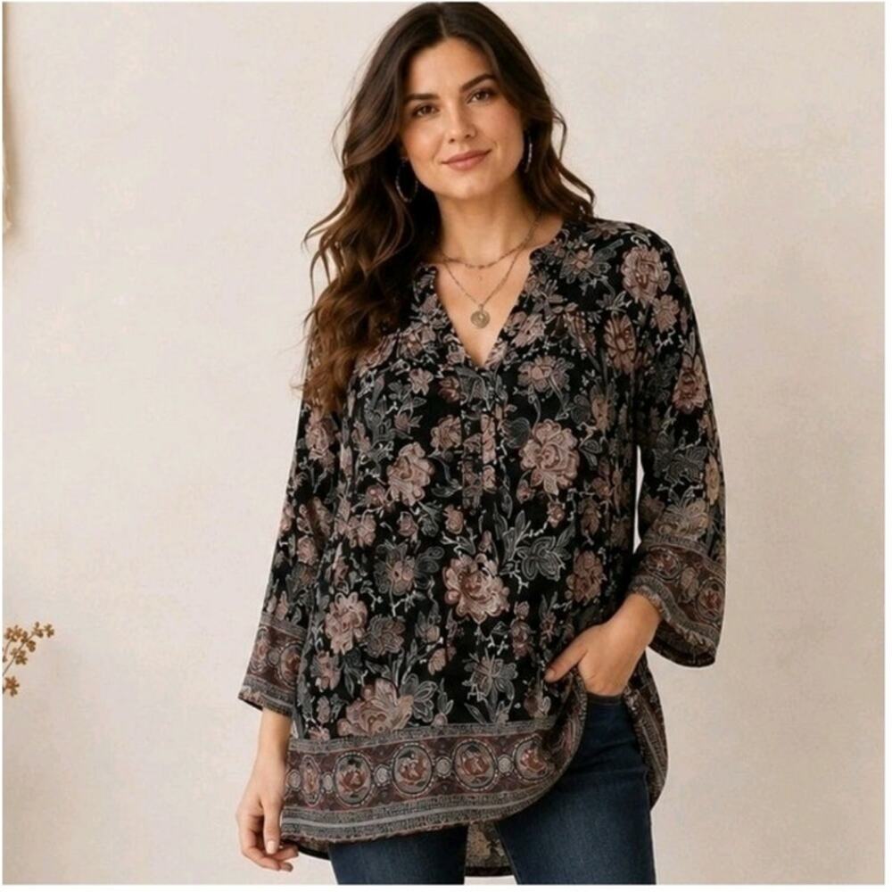 Lucky Brand Boho Peasant Top Popover 3X Dark Floral Paisley Jersey Hippie Henley